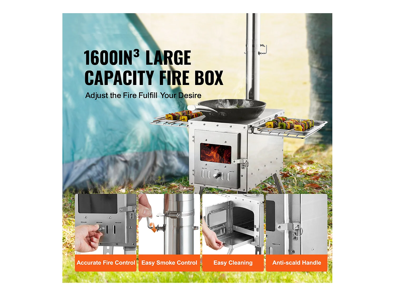 Poêle à Bois Portable SucceBuy de Camping, En Acier Inoxydable avec Tuyaux de Cheminée