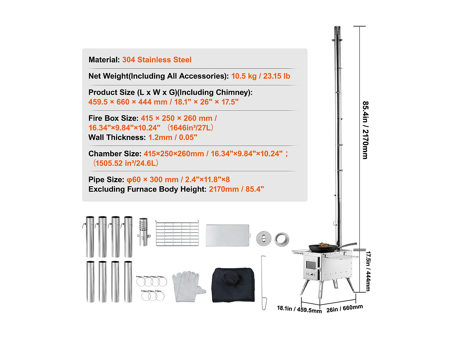 Stufa a Legna Portatile SucceBuy da Campeggio, In Acciaio Inossidabile con Tubi del Camino