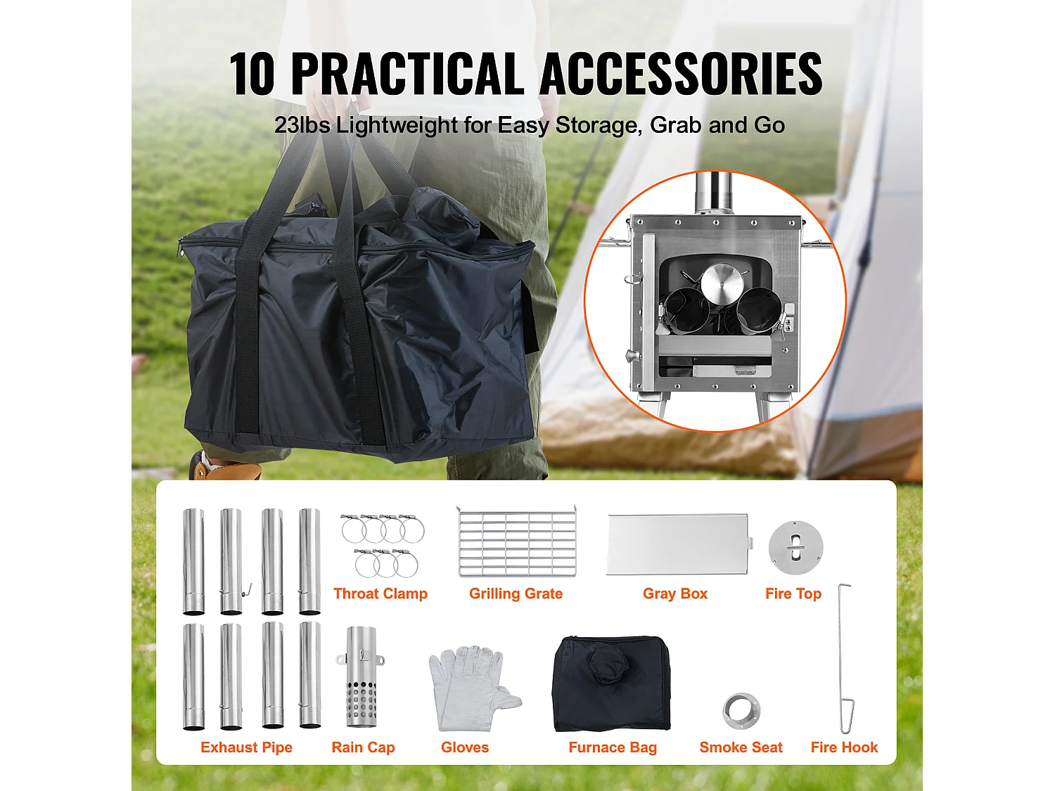 Stufa a Legna Portatile SucceBuy da Campeggio, In Acciaio Inossidabile con Tubi del Camino