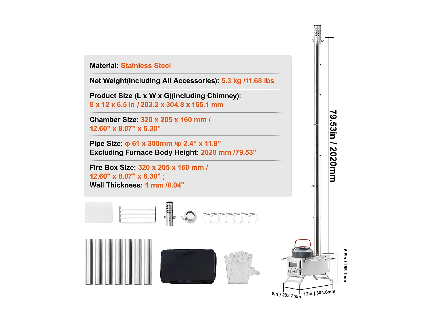 Draagbare Houtkachel SucceBuy, 202 cm, Barbecue-Kachel voor Kampeertent met Pijpen