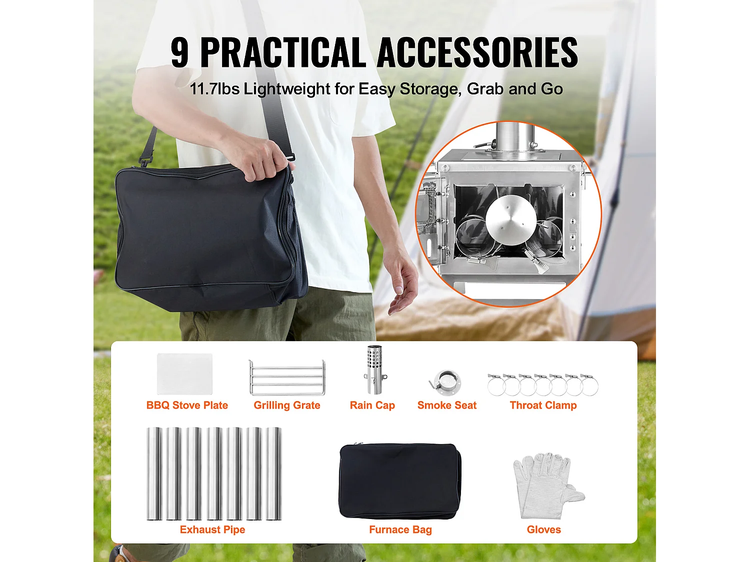 Draagbare Houtkachel SucceBuy, 202 cm, Barbecue-Kachel voor Kampeertent met Pijpen