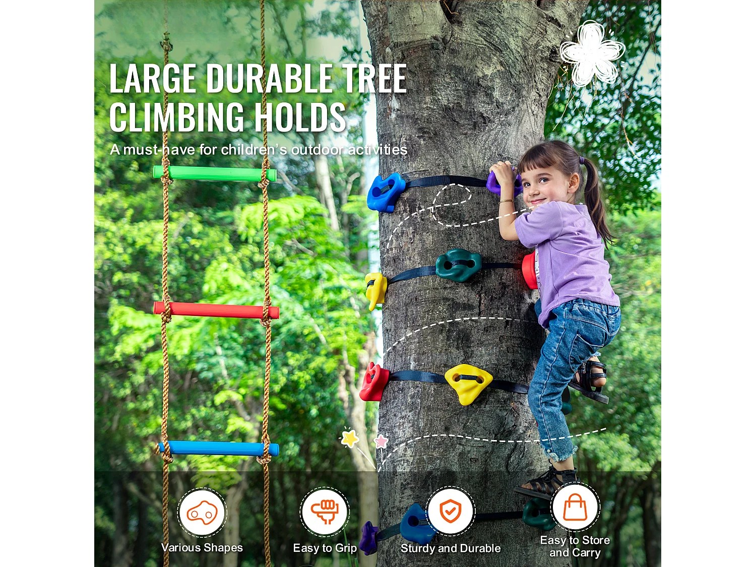 Zestaw do Wspinaczki na Drzewa SucceBuy, 12 Uchwytów, 6 Pasów, Drabina Wspinaczkowa