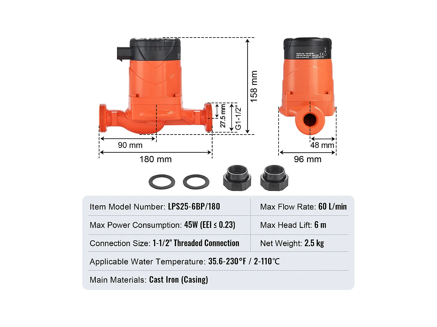 Pompe de Circulation Haute Efficacité SucceBuy LPS25-6BP-180 45 W