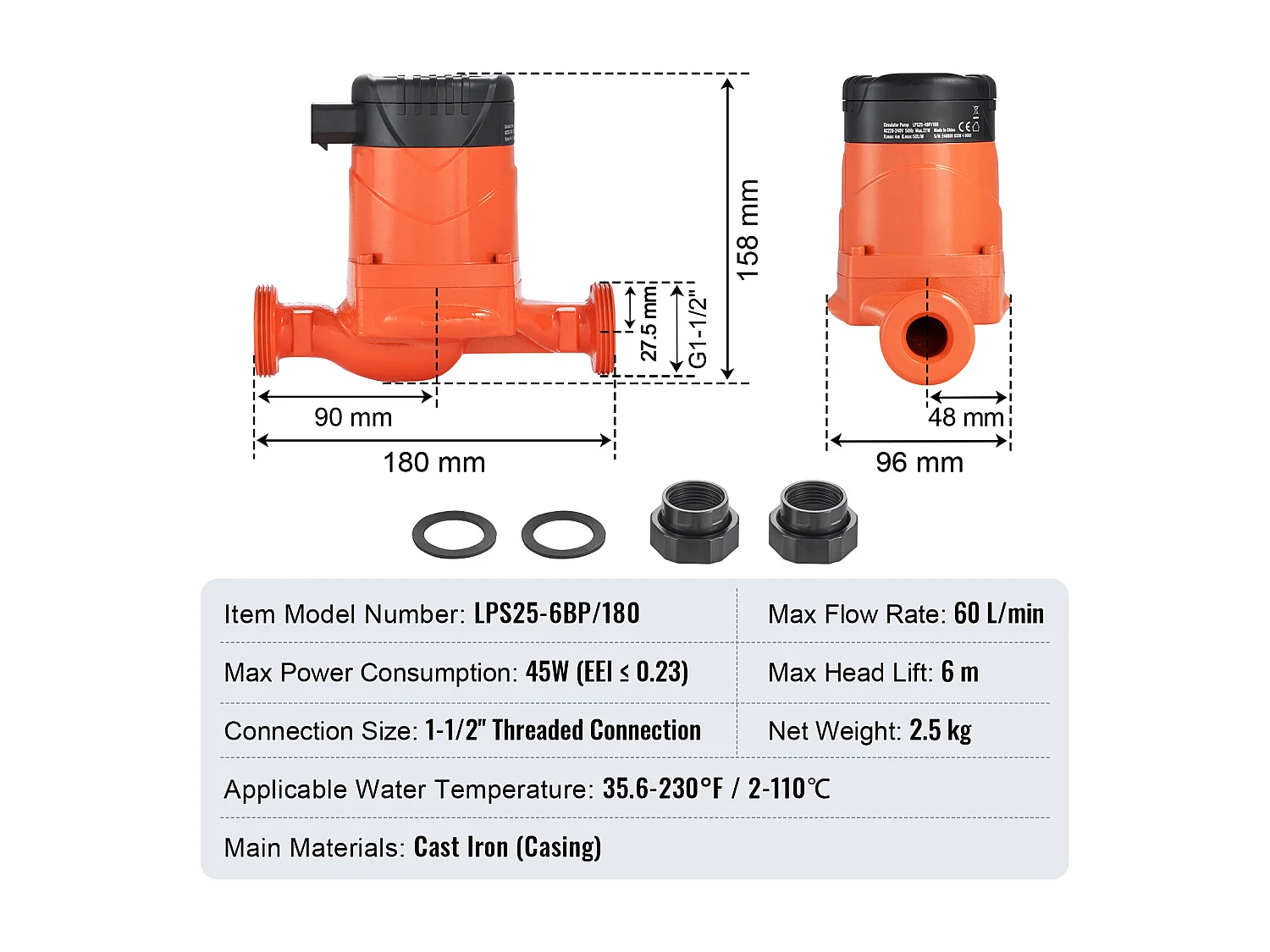 Pompe de Circulation Haute Efficacité SucceBuy LPS25-6BP-180 45 W