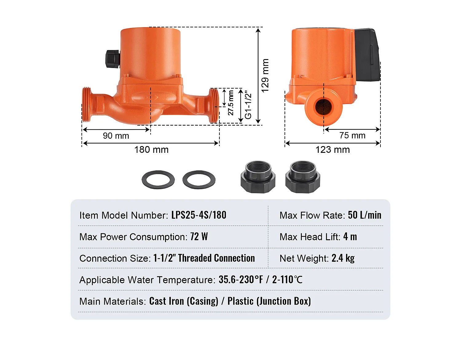 Pompe de Circulation d'Eau Chaude SucceBuy LPS25-4S-180 220 V 72 W 50 LPM Pompe de Recirculation