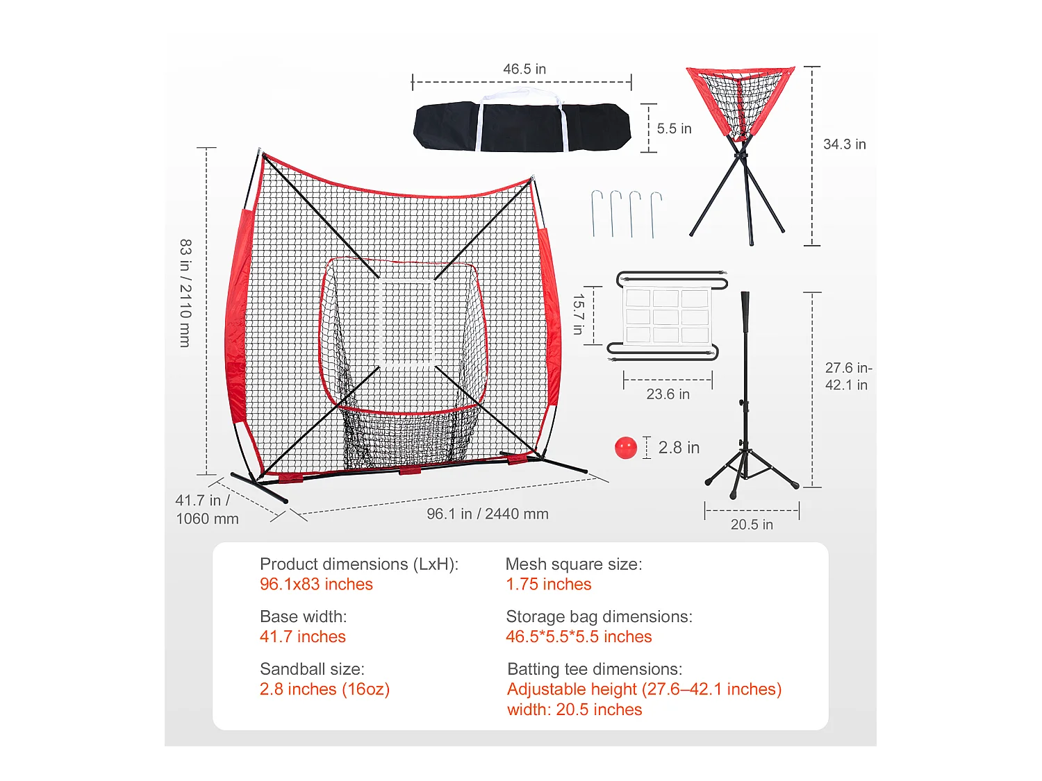 Filet d'Entraînement SucceBuy de Baseball et de Softball 213x213cm avec Accessoires de Frappe et de Frappe