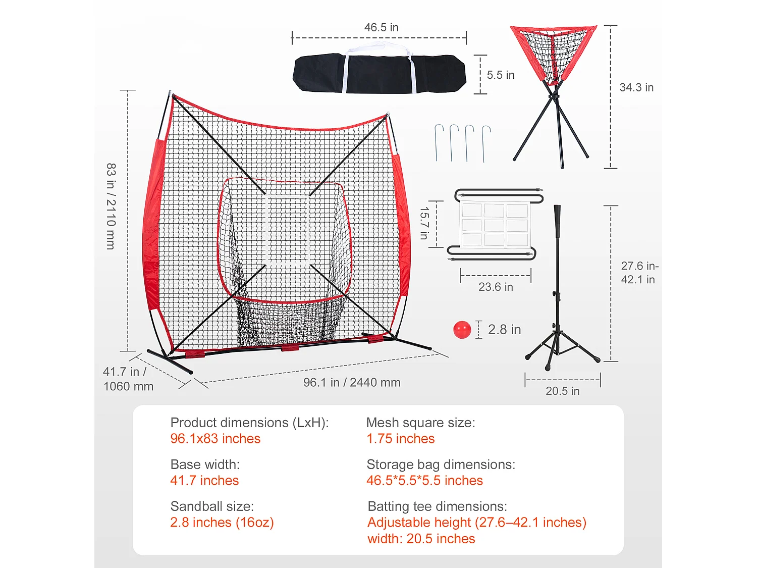 Filet d'Entraînement SucceBuy de Baseball et de Softball 213x213cm avec Accessoires de Frappe et de Frappe