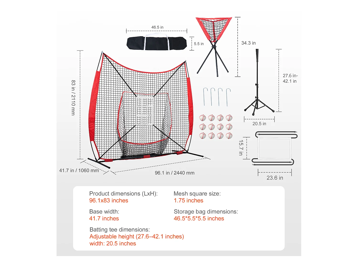 Filet d'Entraînement SucceBuy de Baseball et de Softball 213x213cm, Frappe et Frappe avec Plusieurs Accessoires