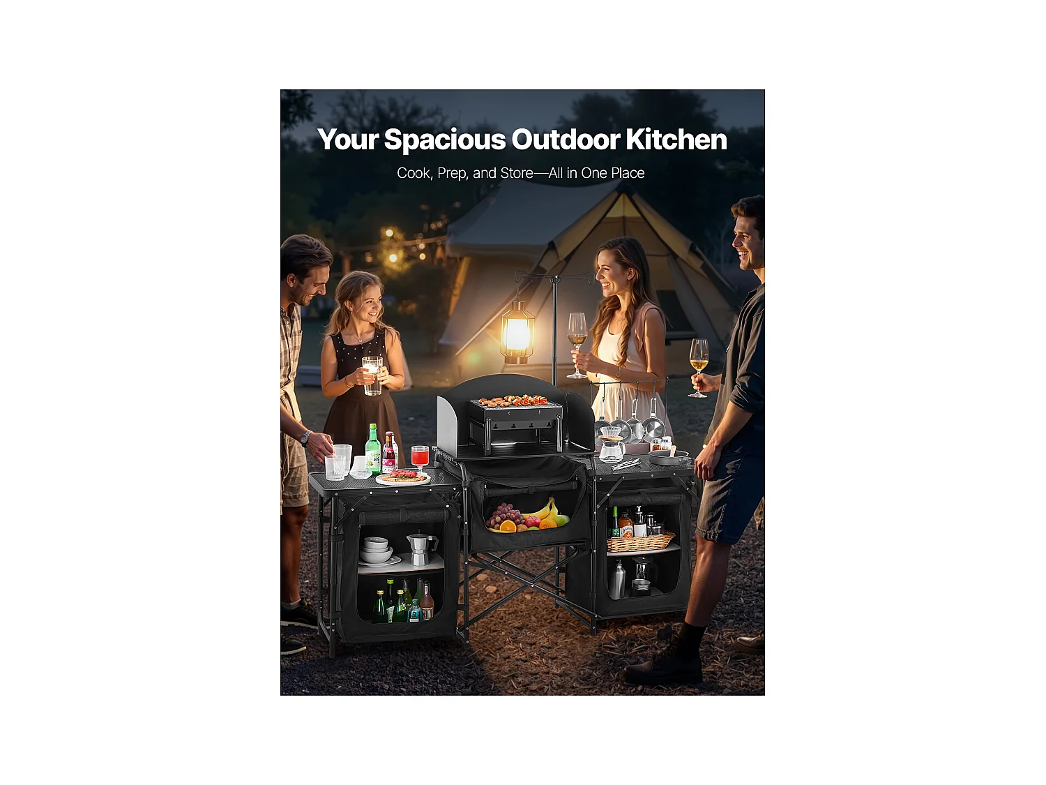 Cuisine de Camping, SucceBuy Table de Cuisine de Camping – Station de Cuisson Extérieure Portable avec Pare-Vent et Placards