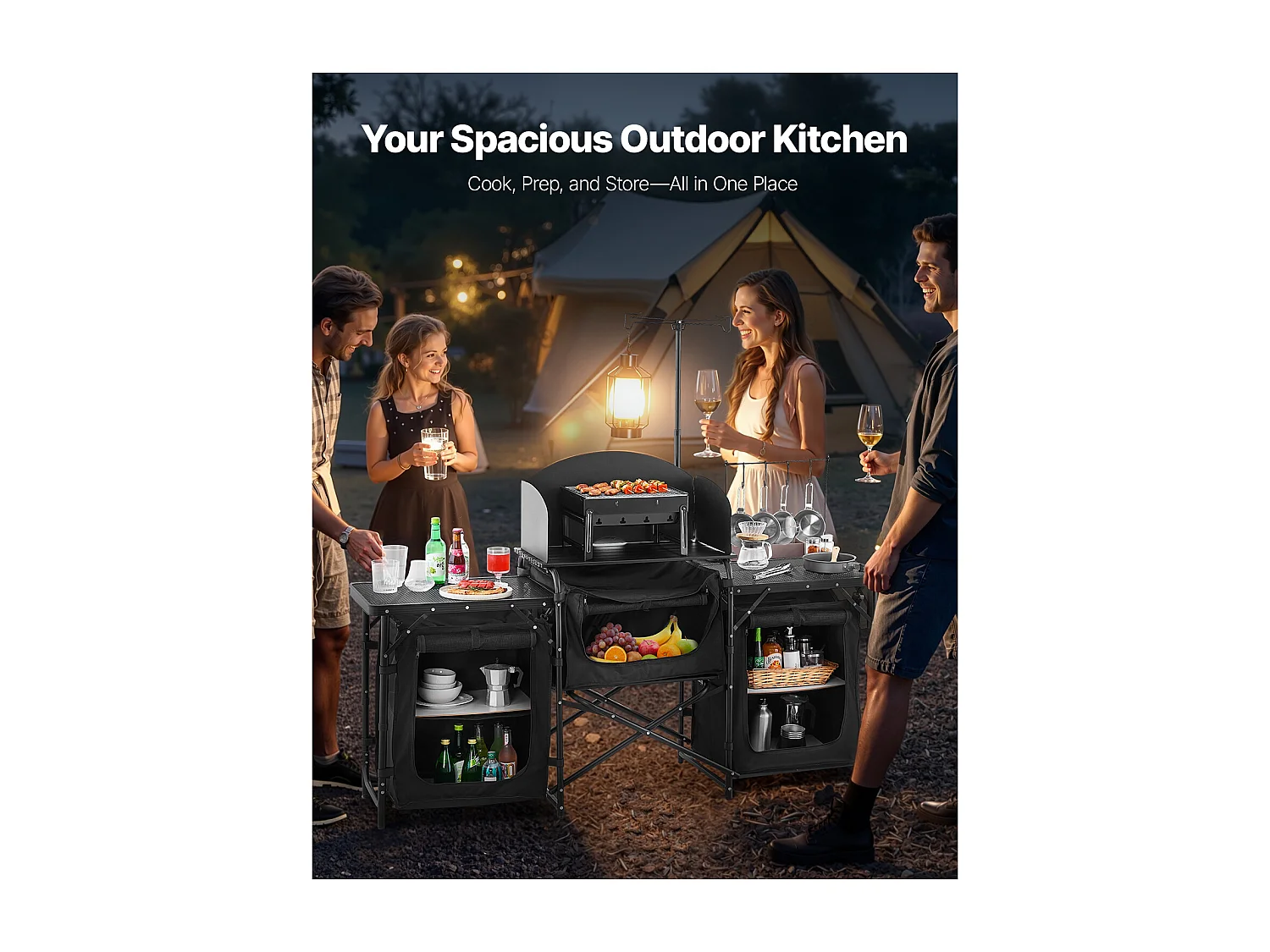 Cuisine de Camping, SucceBuy Table de Cuisine de Camping – Station de Cuisson Extérieure Portable avec Pare-Vent et Placards