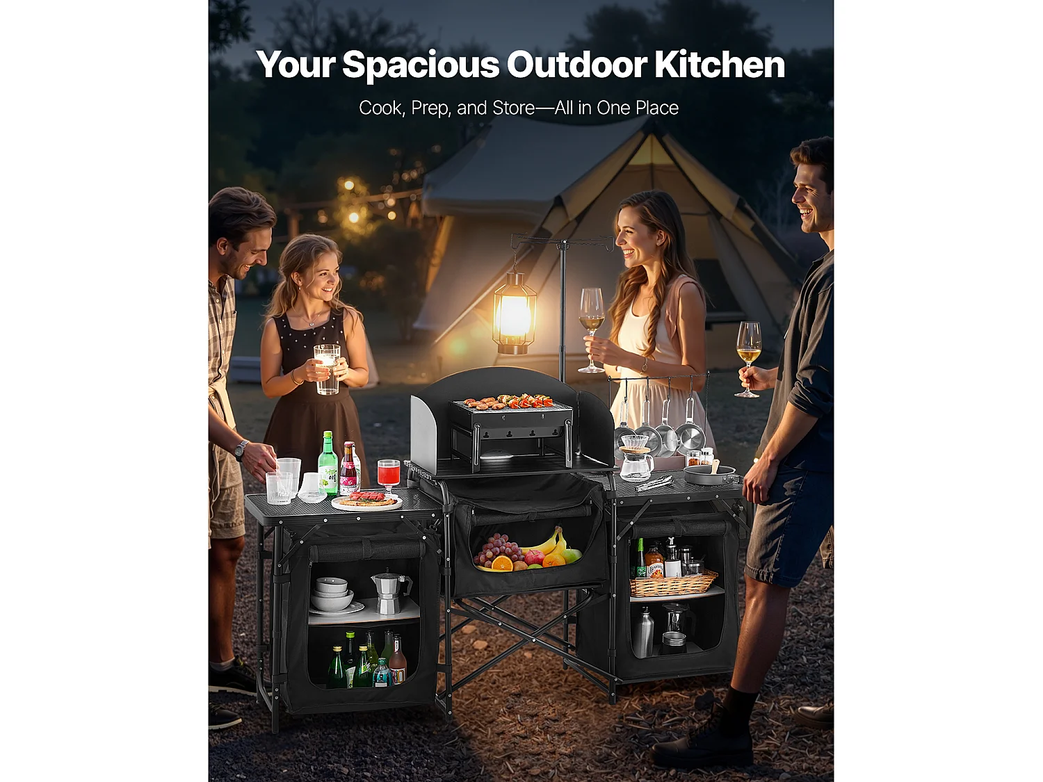 Cuisine de Camping, SucceBuy Table de Cuisine de Camping – Station de Cuisson Extérieure Portable avec Pare-Vent et Placards