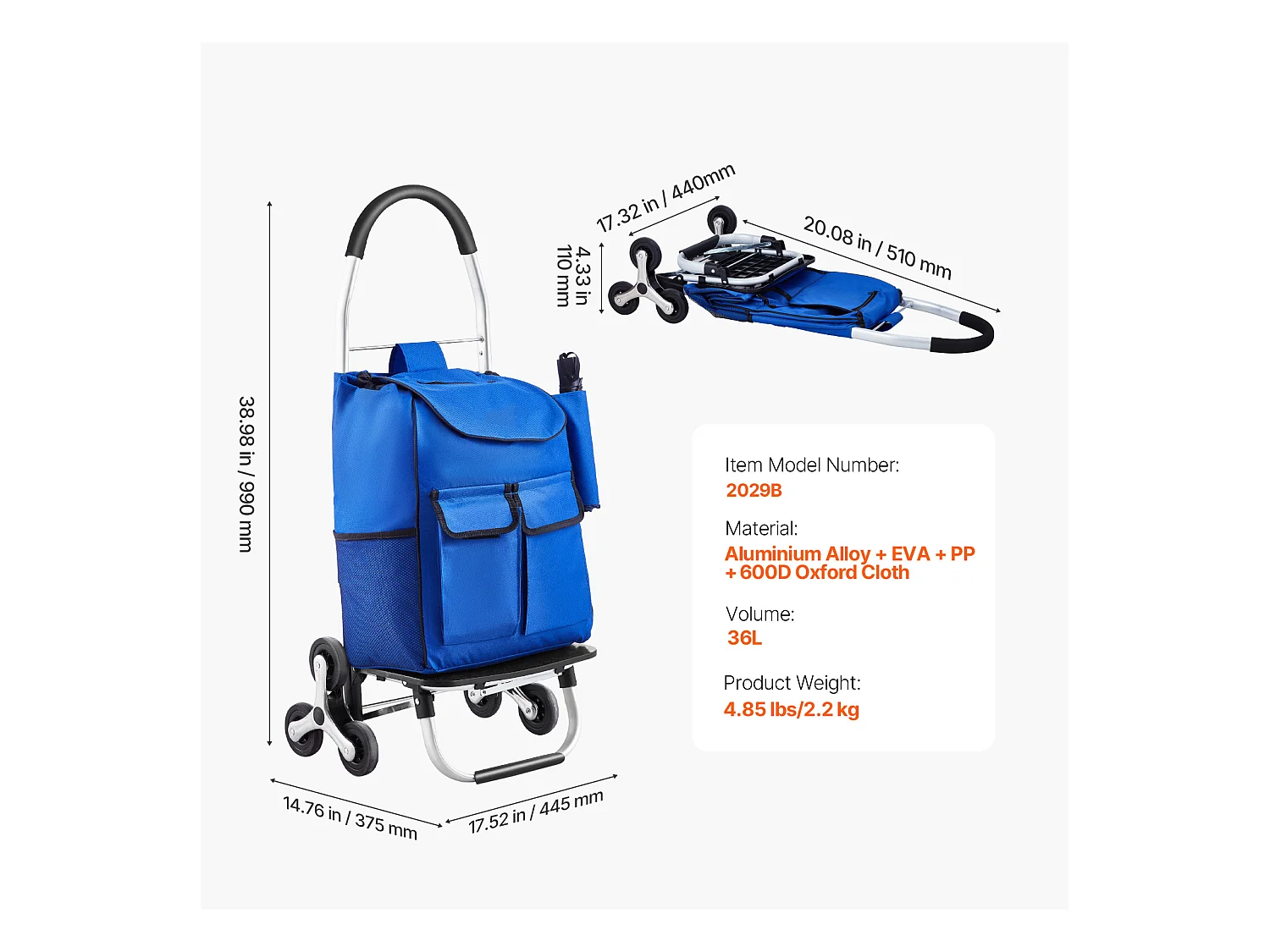 Chariot à Escaliers SucceBuy, 36 L, avec 6 Roues et Sac en Tissu Oxford, pour une Ascension Facile, Pliable et Portable pour le Achats