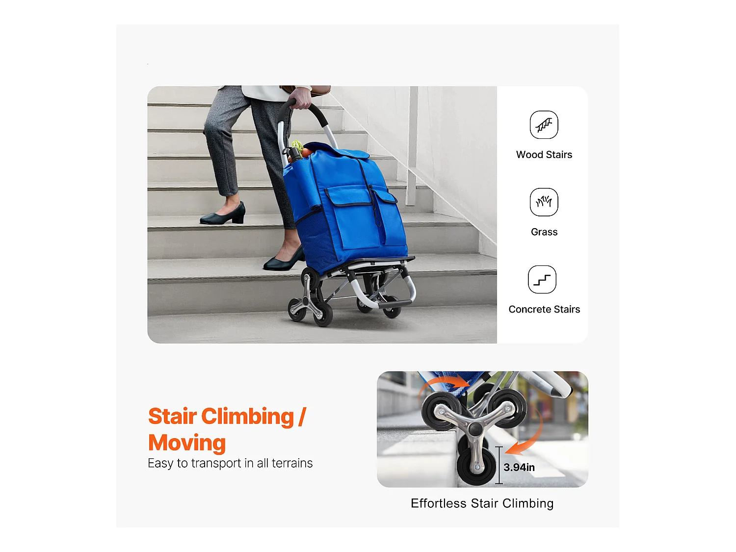 Chariot à Escaliers SucceBuy, 36 L, avec 6 Roues et Sac en Tissu Oxford, pour une Ascension Facile, Pliable et Portable pour le Achats