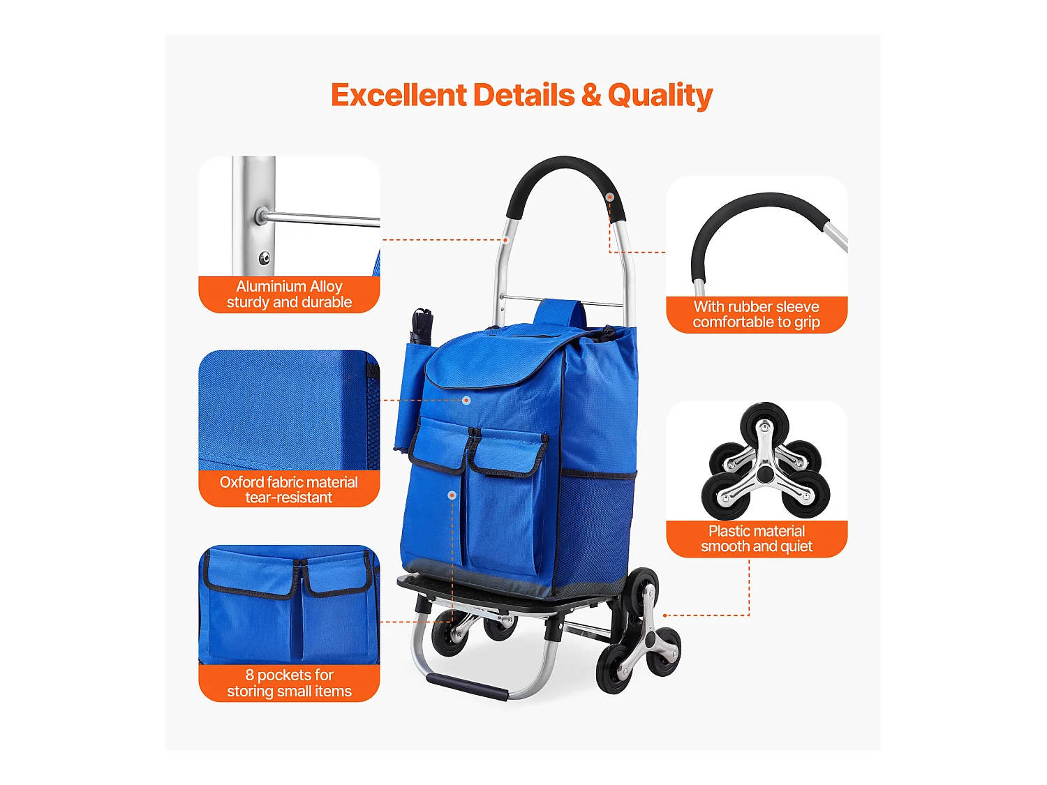 Chariot à Escaliers SucceBuy, 36 L, avec 6 Roues et Sac en Tissu Oxford, pour une Ascension Facile, Pliable et Portable pour le Achats