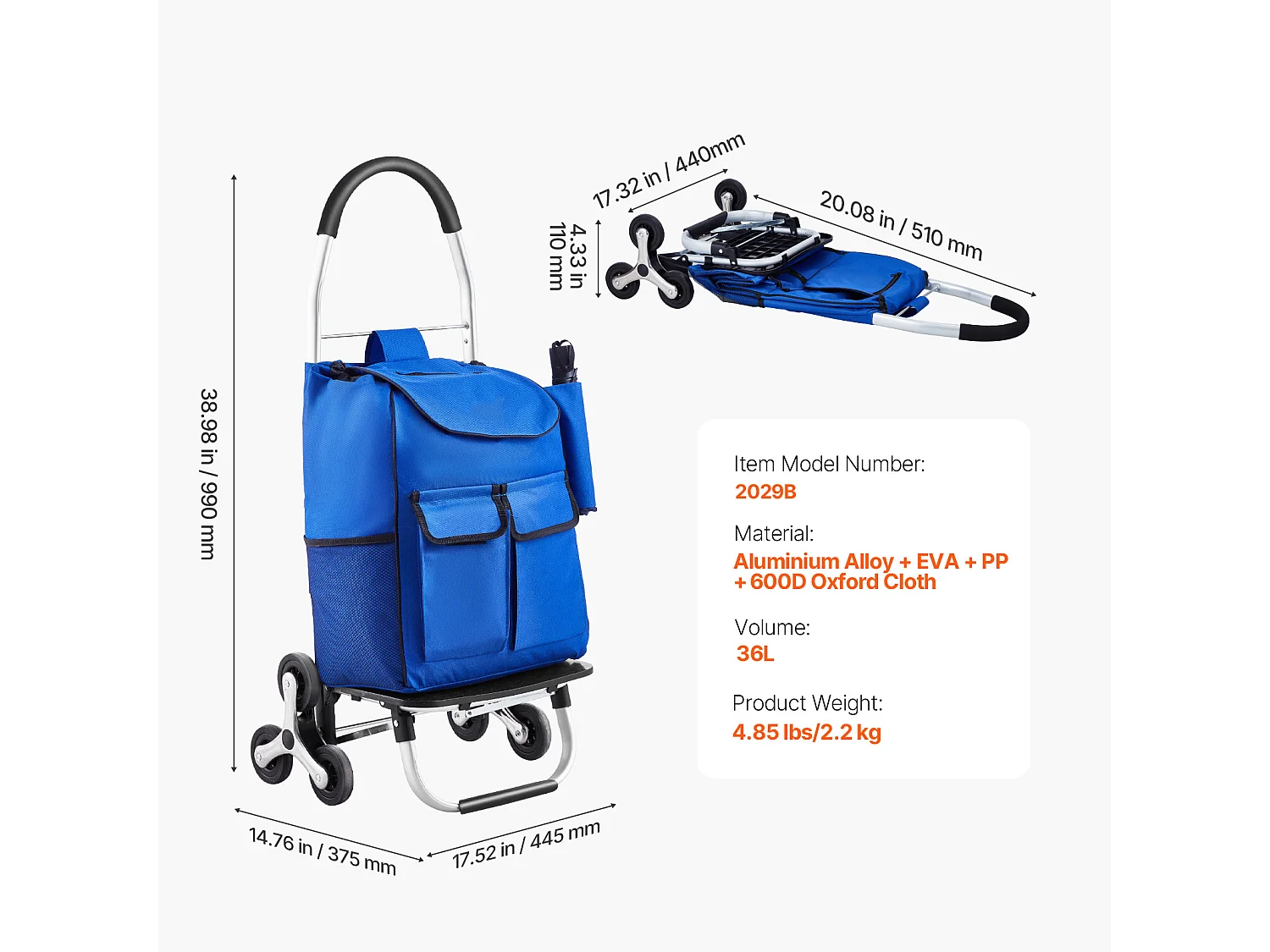 Chariot à Escaliers SucceBuy, 36 L, avec 6 Roues et Sac en Tissu Oxford, pour une Ascension Facile, Pliable et Portable pour le Achats