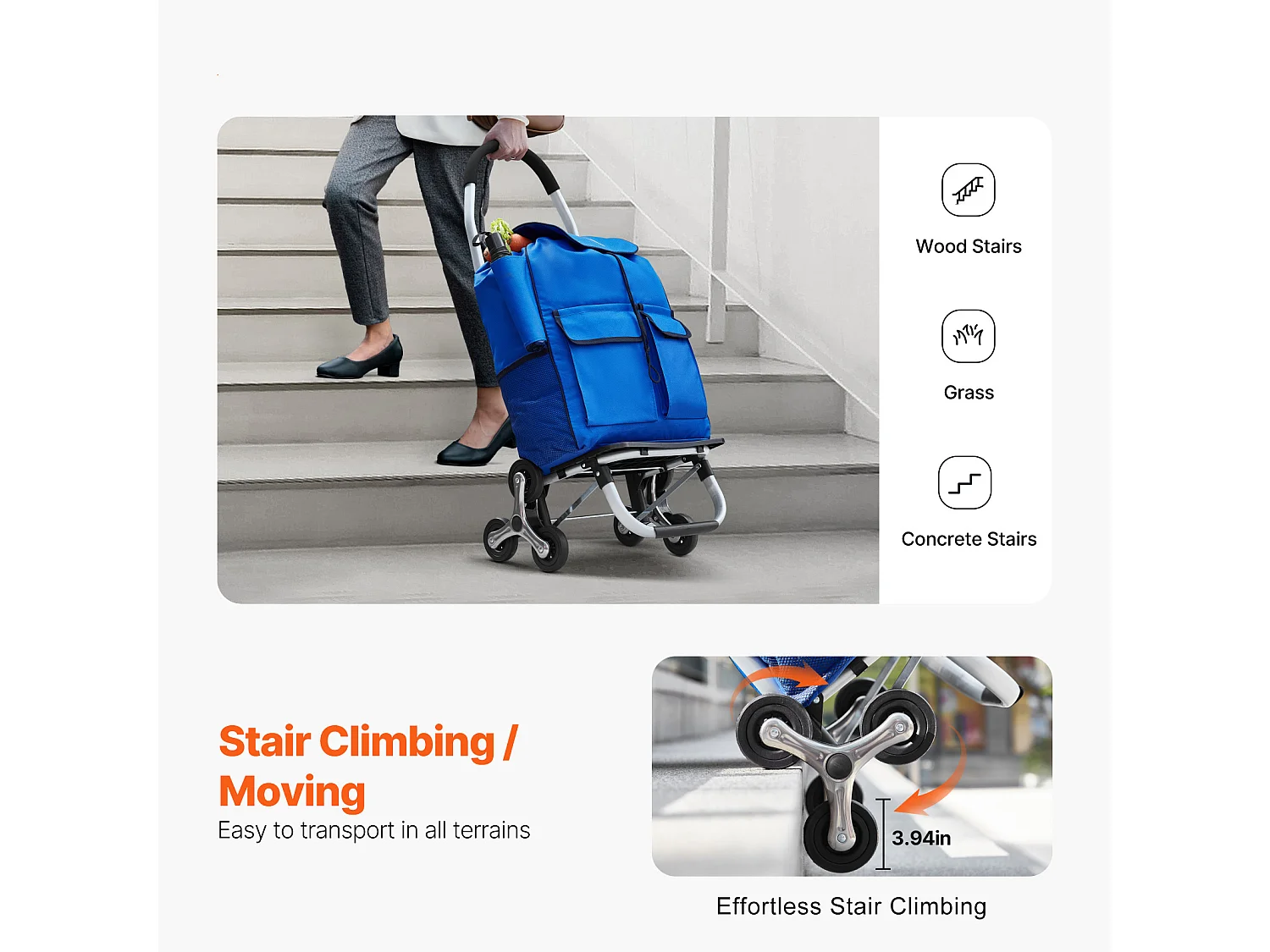 Chariot à Escaliers SucceBuy, 36 L, avec 6 Roues et Sac en Tissu Oxford, pour une Ascension Facile, Pliable et Portable pour le Achats