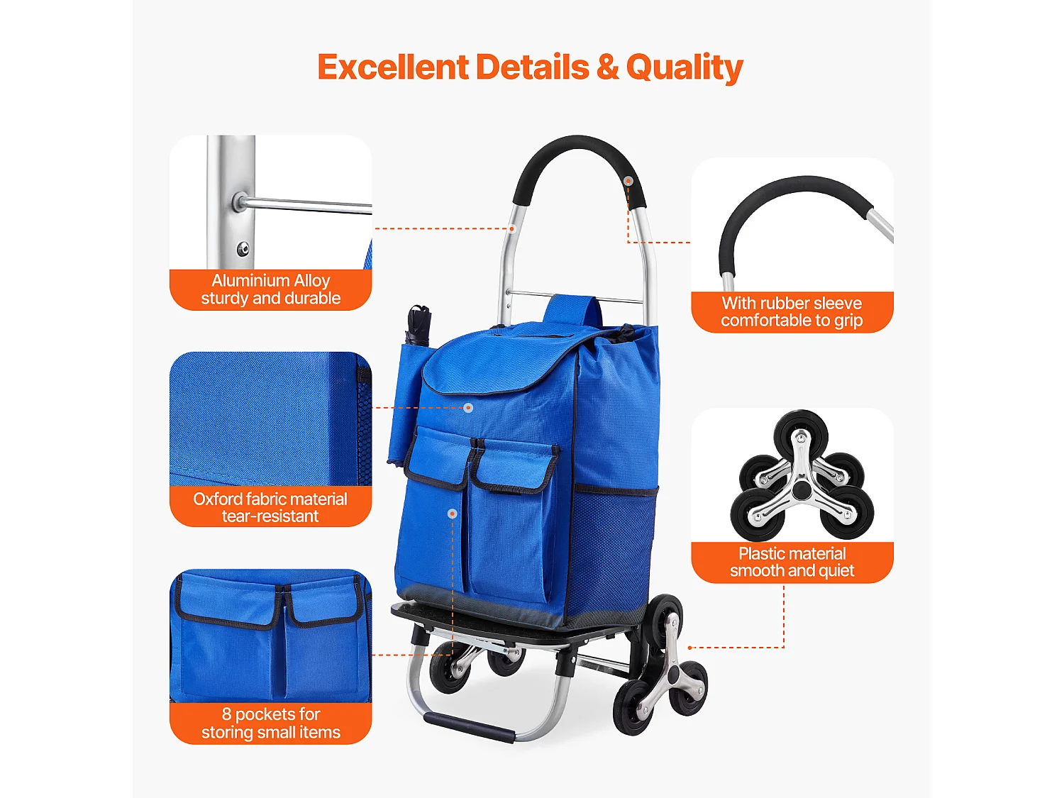 Chariot à Escaliers SucceBuy, 36 L, avec 6 Roues et Sac en Tissu Oxford, pour une Ascension Facile, Pliable et Portable pour le Achats