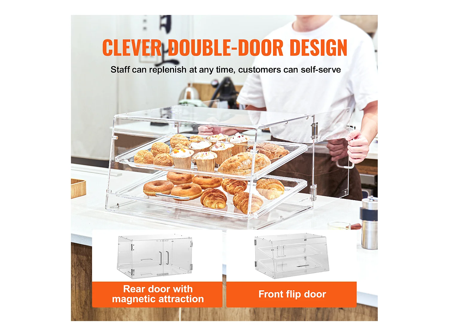 Bäckervitrine SucceBuy aus Acryl mit 2 Ebenen, Donuts-Ständer für Ladentheke mit Hintertür