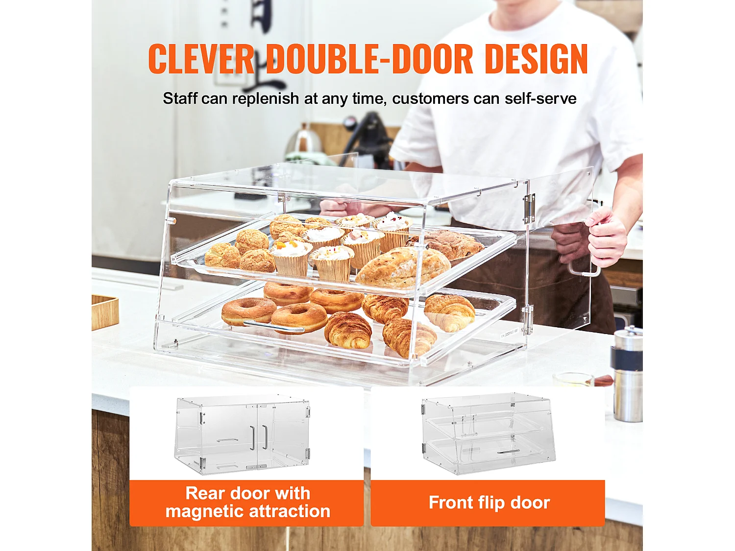 Bäckervitrine SucceBuy aus Acryl mit 2 Ebenen, Donuts-Ständer für Ladentheke mit Hintertür