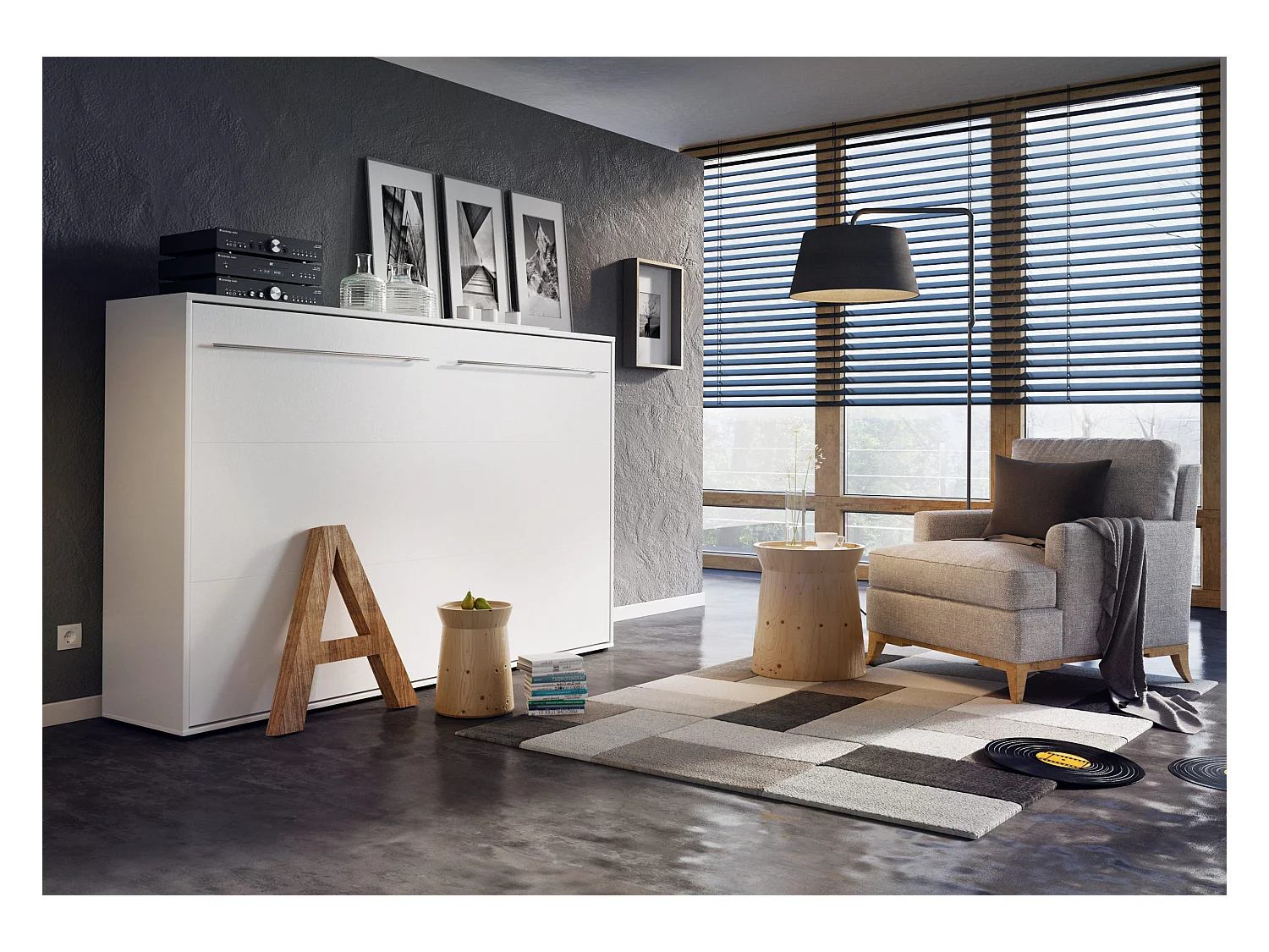 Lit escamotable CONCEPT PRO CP-04 Horizontal 140x200 BLANC BRILLANT, lit rabattable mural, armoire avec lit intégré, sommier à lattes inclus.