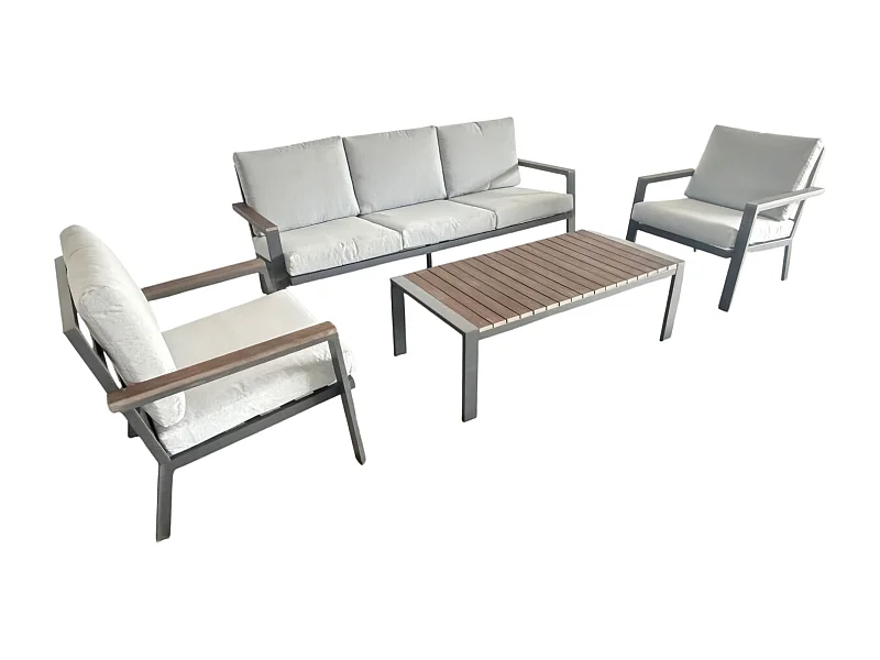 Ikigai - Conjunto de Jardín con Sofá de 3 Plazas, 2 Sillones y Mesa de Centro con Cojines en Aluminio y Madera Contrachapada