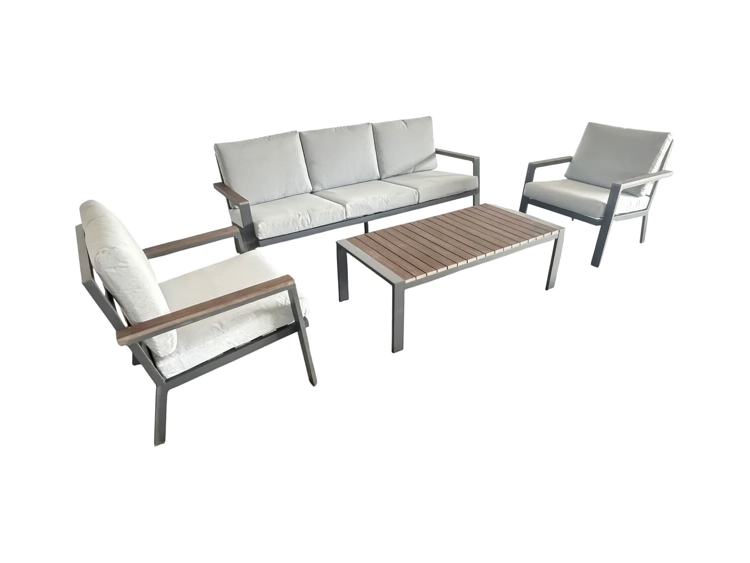 Ikigai - Salon de Jardin avec Canapé 3 Places, 2 Fauteuils et Table Basse avec Coussins en Aluminium et Bois Contreplaqué