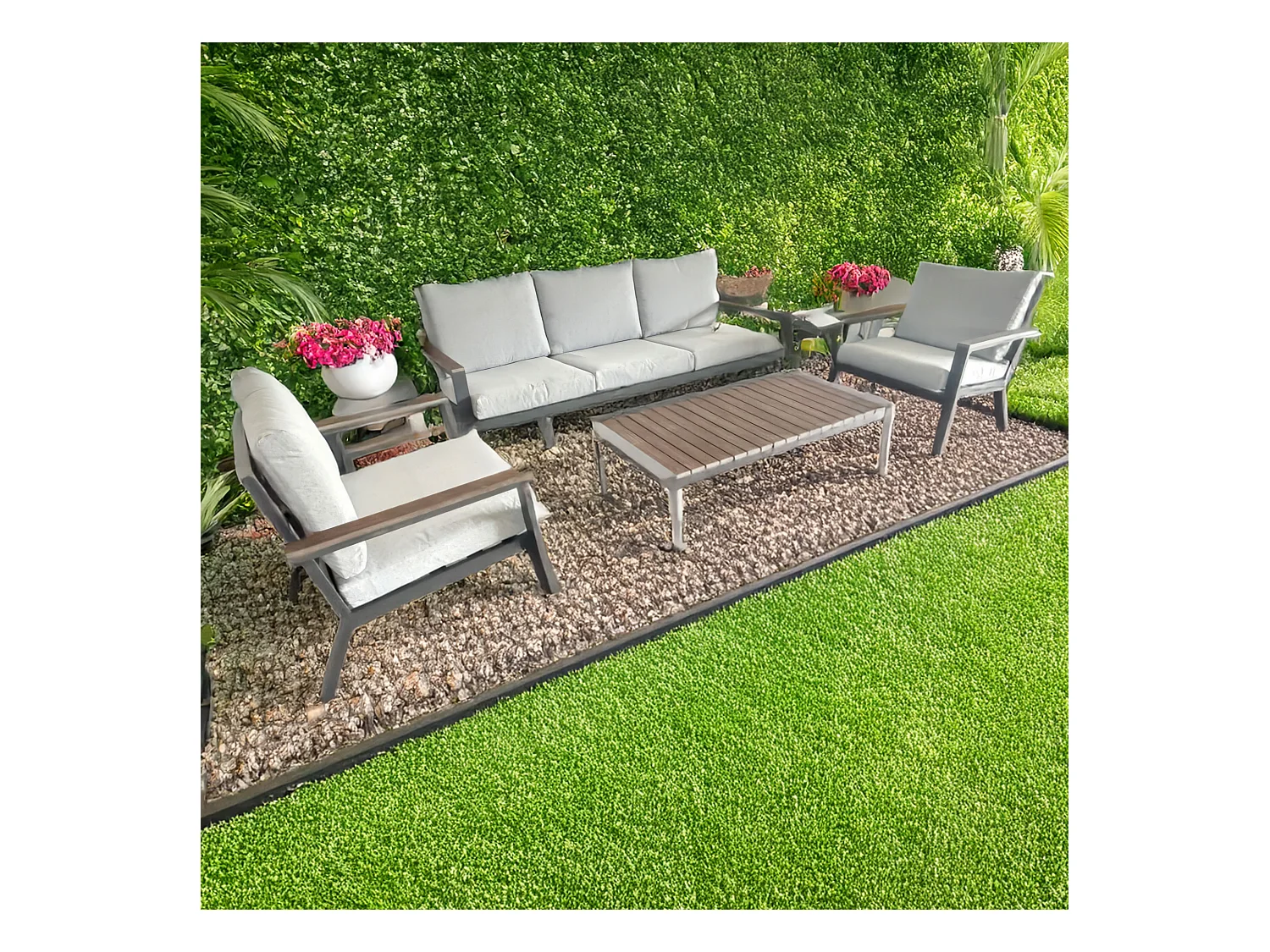 Ikigai - Salon de Jardin avec Canapé 3 Places, 2 Fauteuils et Table Basse avec Coussins en Aluminium et Bois Contreplaqué