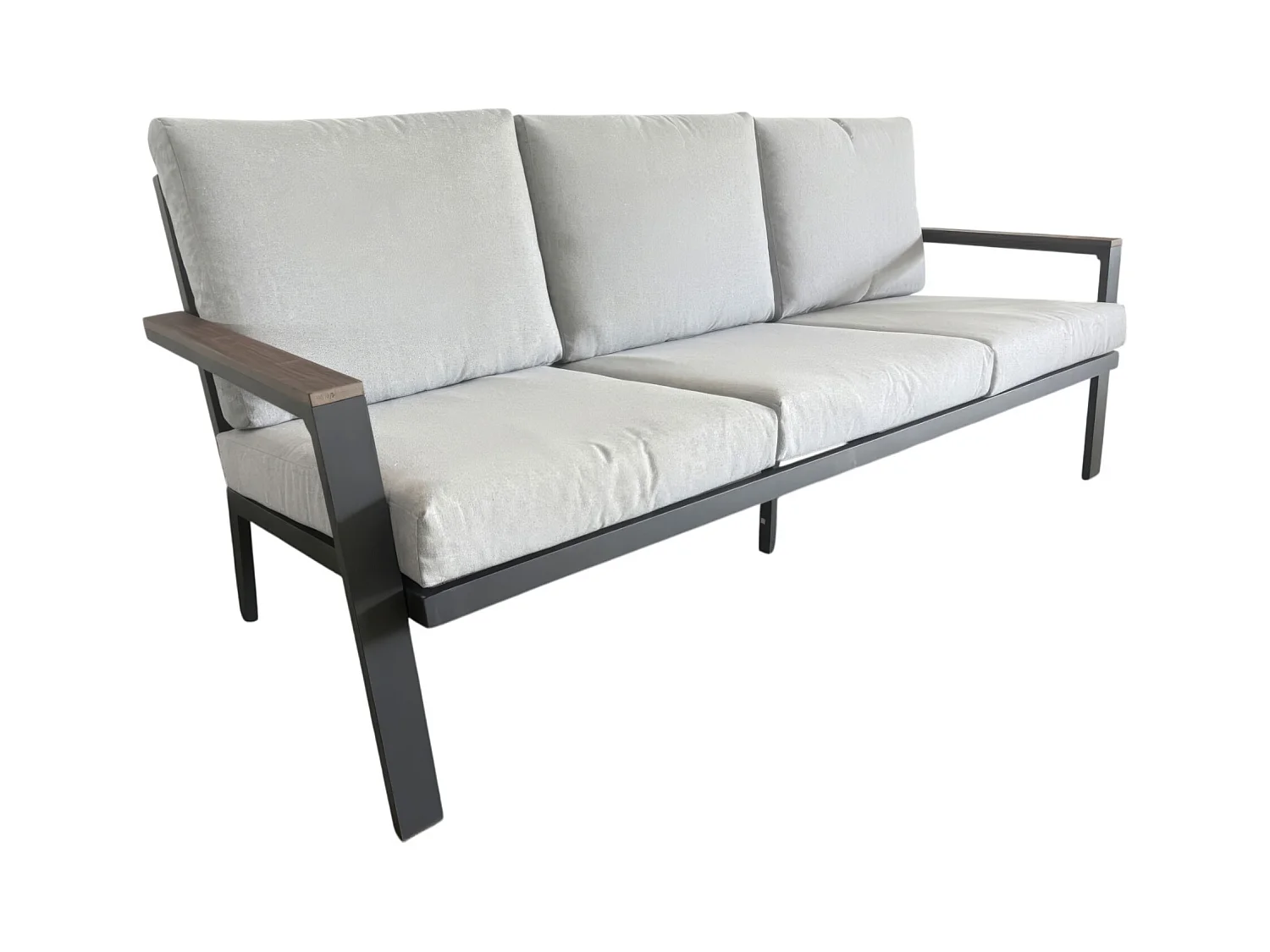 Ikigai - Salon de Jardin avec Canapé 3 Places, 2 Fauteuils et Table Basse avec Coussins en Aluminium et Bois Contreplaqué