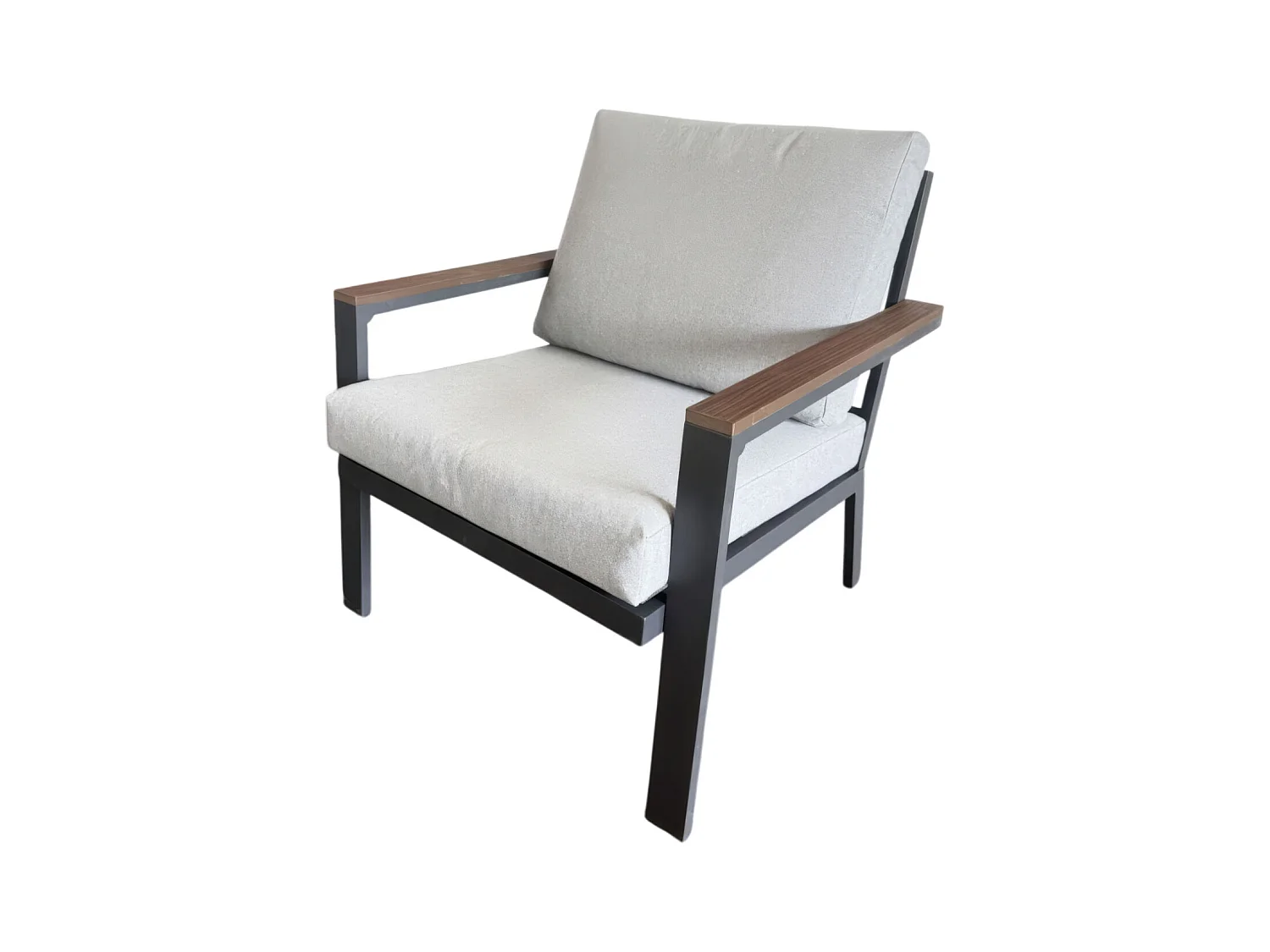 Ikigai - Salon de Jardin avec Canapé 3 Places, 2 Fauteuils et Table Basse avec Coussins en Aluminium et Bois Contreplaqué