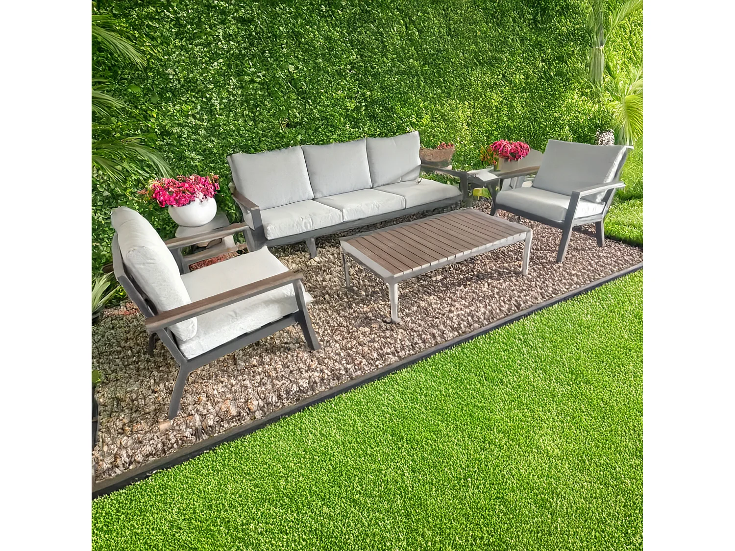 Ikigai - Conjunto de Jardín con Sofá de 3 Plazas, 2 Sillones y Mesa de Centro con Cojines en Aluminio y Madera Contrachapada