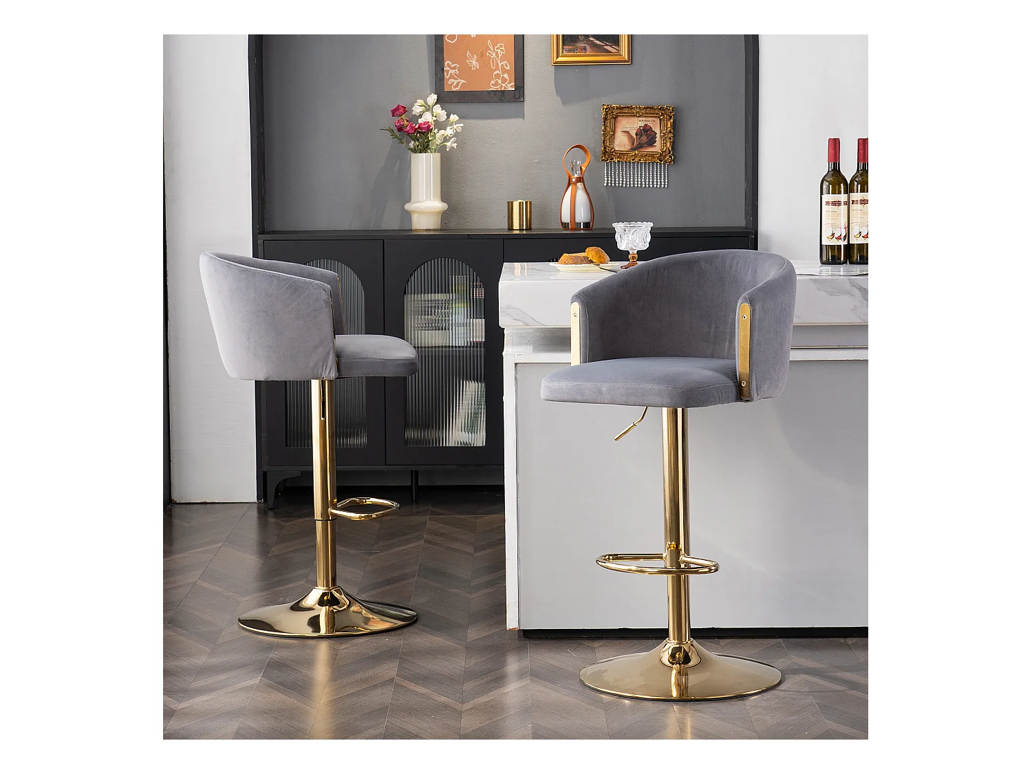 Drehbarer Barhocker, höhenverstellbar, mit Rückenlehne und Fußstütze, goldfarben, grau, 2er-Set.