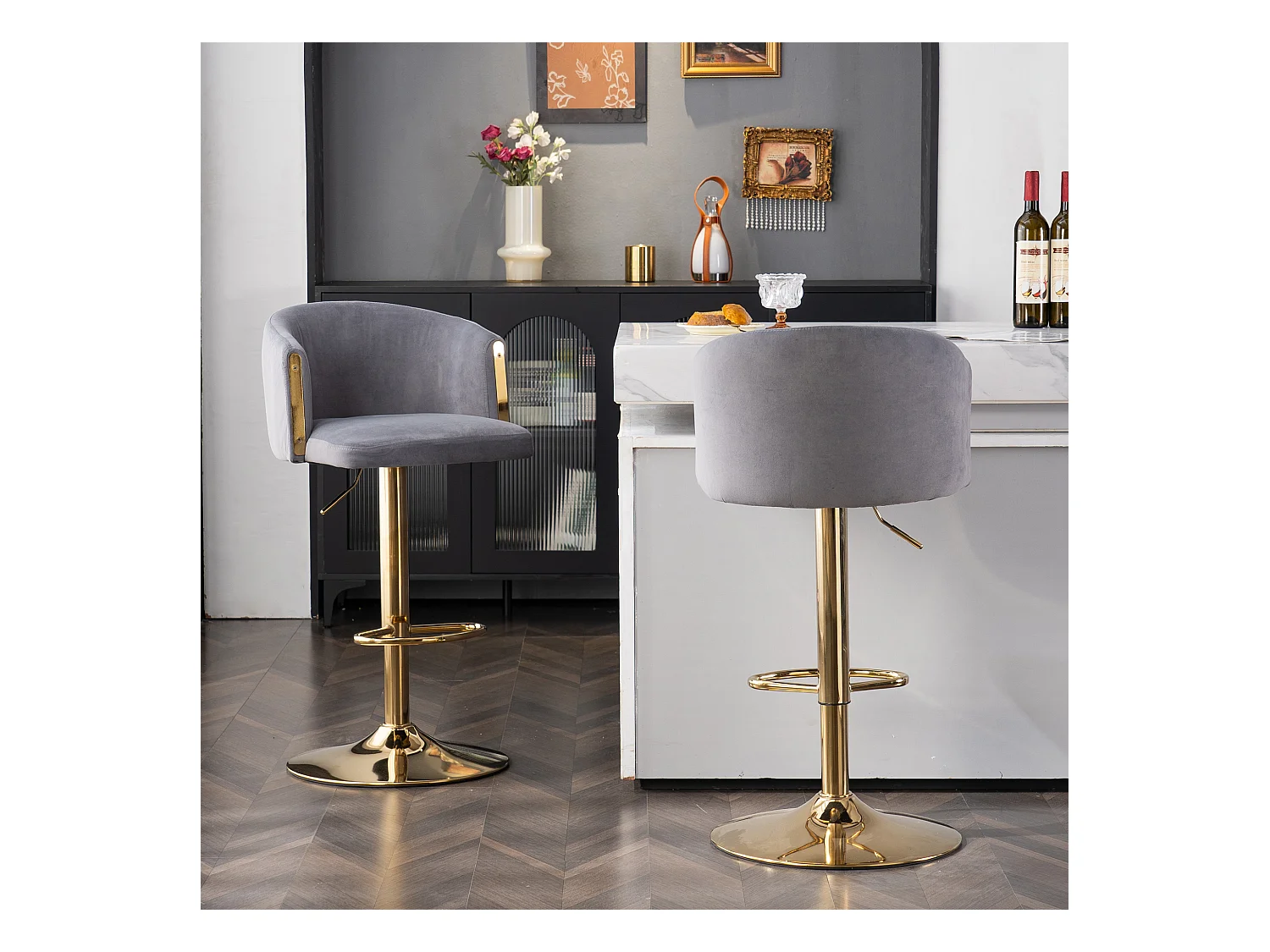 Drehbarer Barhocker, höhenverstellbar, mit Rückenlehne und Fußstütze, goldfarben, grau, 2er-Set.