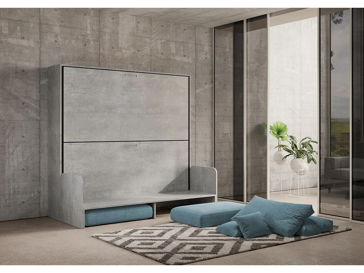 Kando Doppel-Schrankbett mit Sofa mit Zementmatratzen, blau
