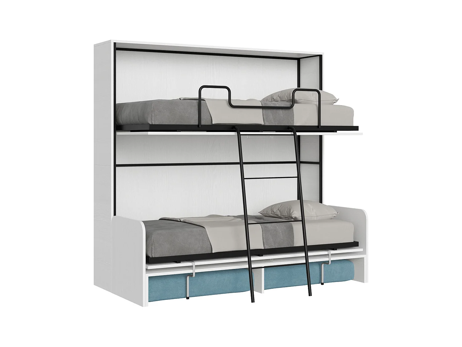 Kando Doppel-Schrankbett mit Sofa mit weißen Eschenmatratzen, hellblau