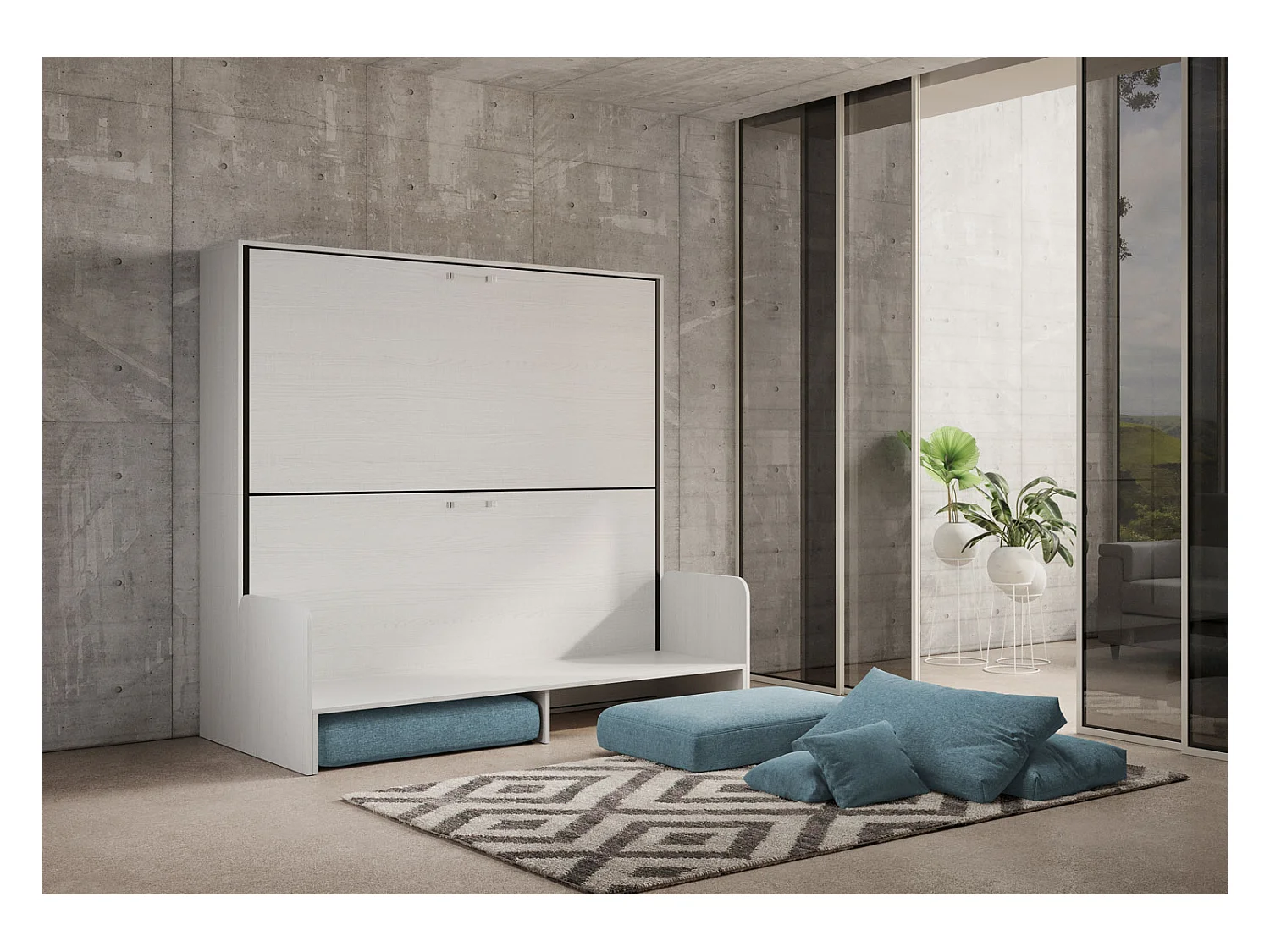 Kando Doppel-Schrankbett mit Sofa mit weißen Eschenmatratzen, hellblau