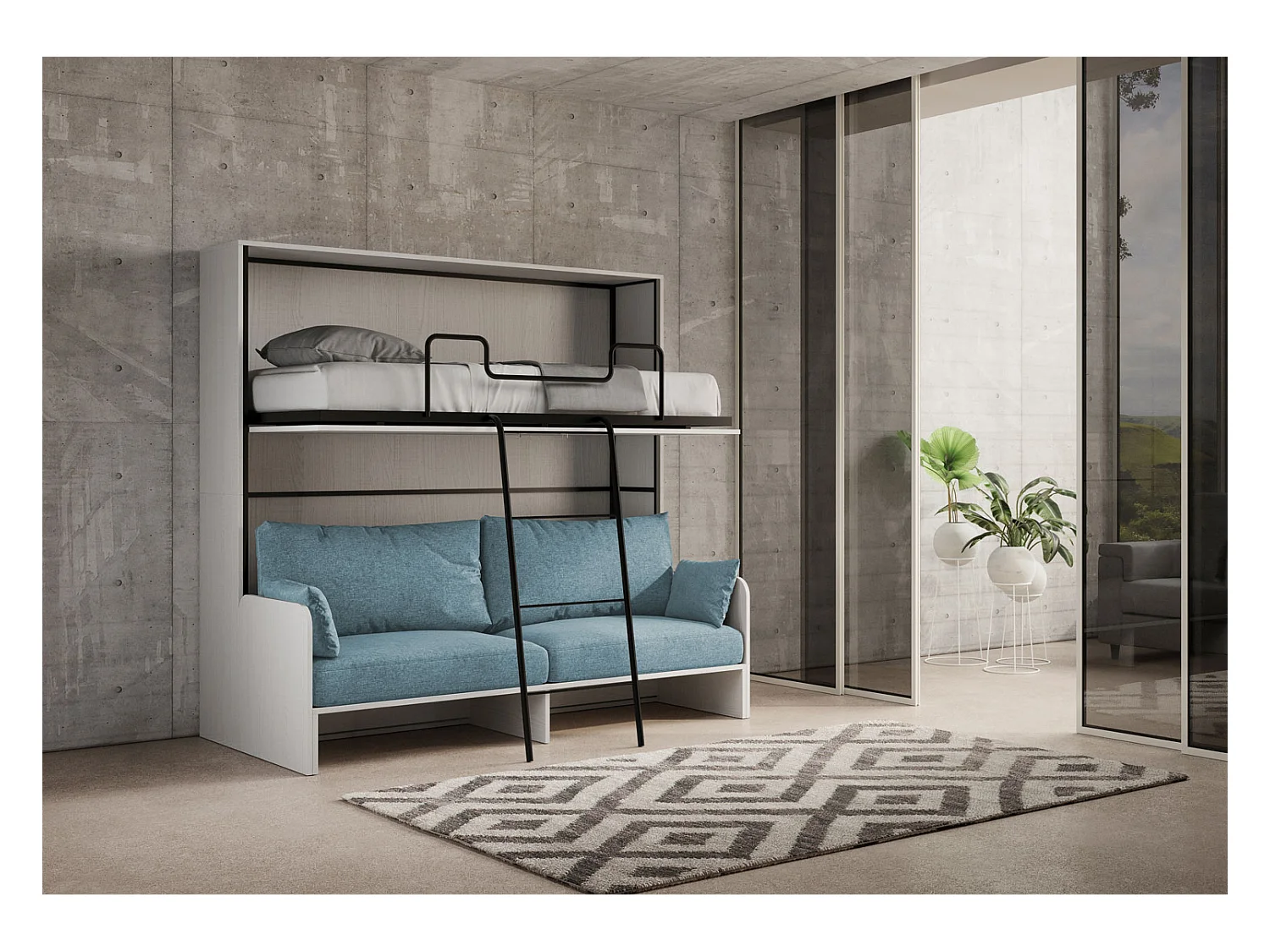 Kando Doppel-Schrankbett mit Sofa mit weißen Eschenmatratzen, hellblau