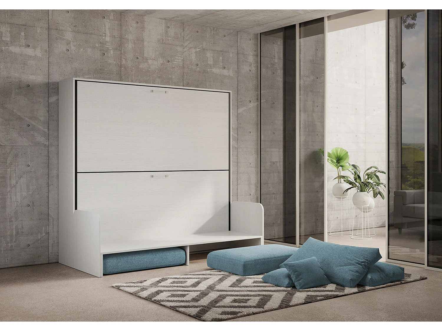 Letto doppio a scomparsa Kando con divano con materassi bianco frassino, azzurro