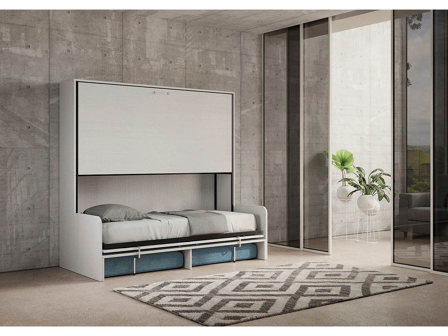 Letto doppio a scomparsa Kando con divano con materassi bianco frassino, azzurro
