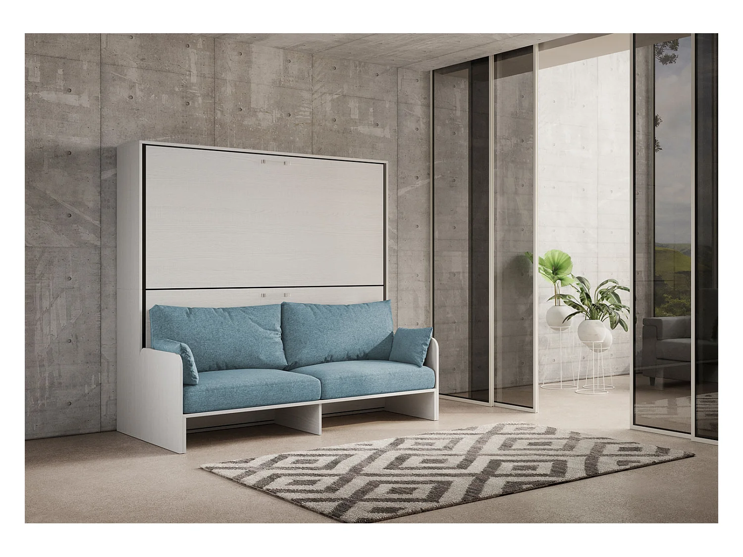 Kando Doppel-Schrankbett mit Sofa aus weißer Esche, hellblau