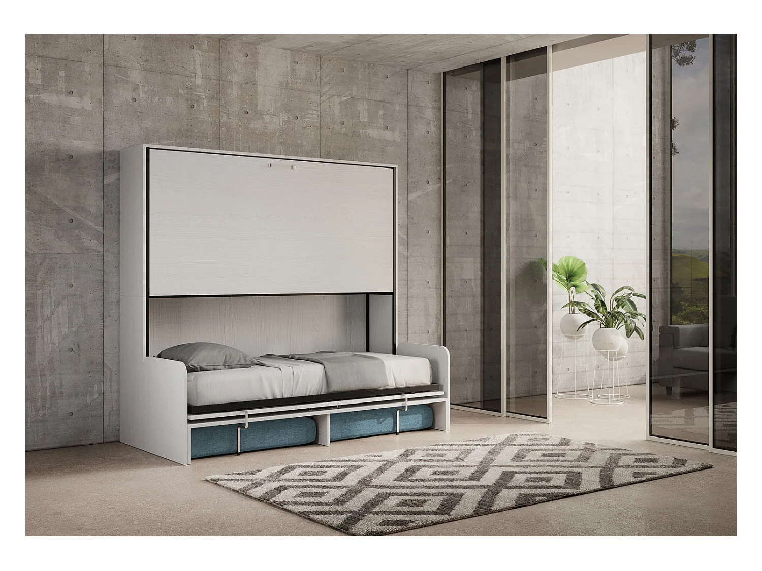 Kando Doppel-Schrankbett mit Sofa aus weißer Esche, hellblau