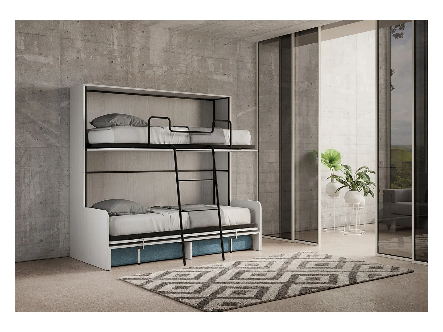 Kando Doppel-Schrankbett mit Sofa aus weißer Esche, hellblau