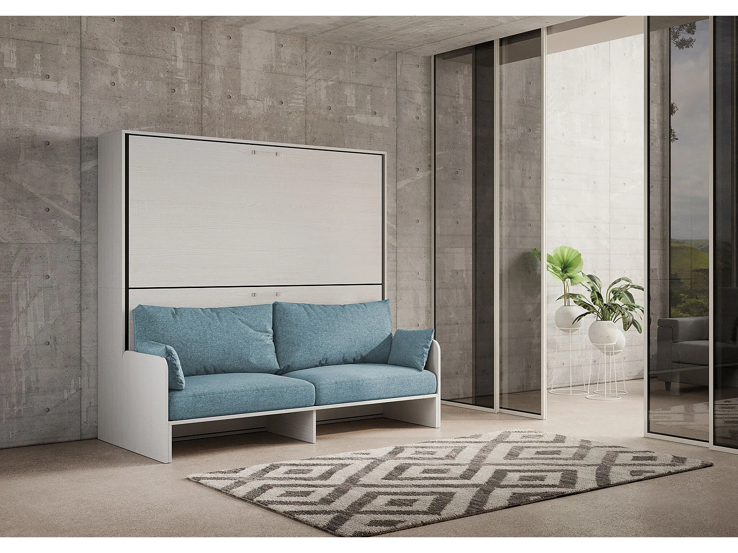 Letto doppio a scomparsa Kando con divano bianco frassino, azzurro