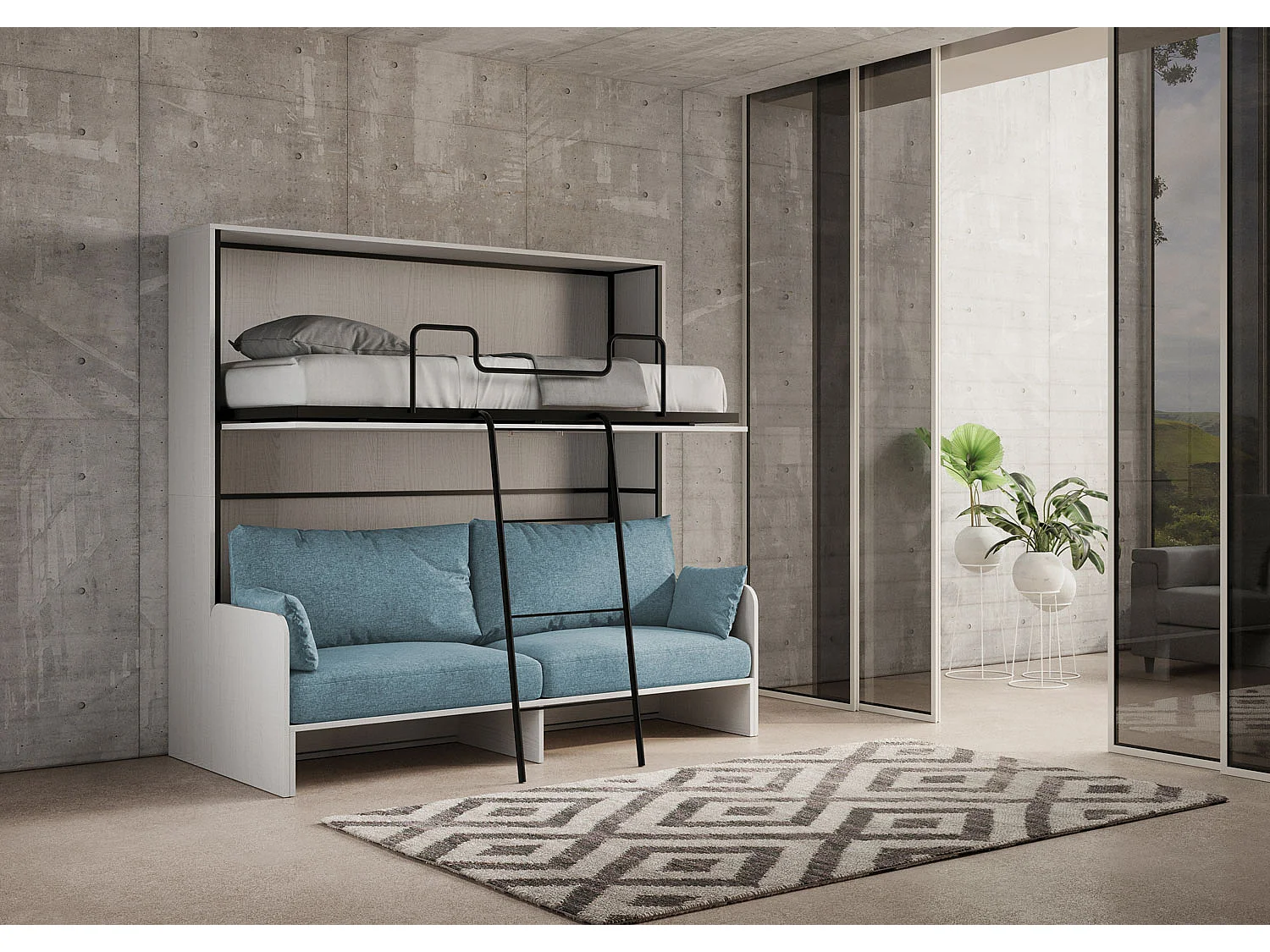 Letto doppio a scomparsa Kando con divano bianco frassino, azzurro