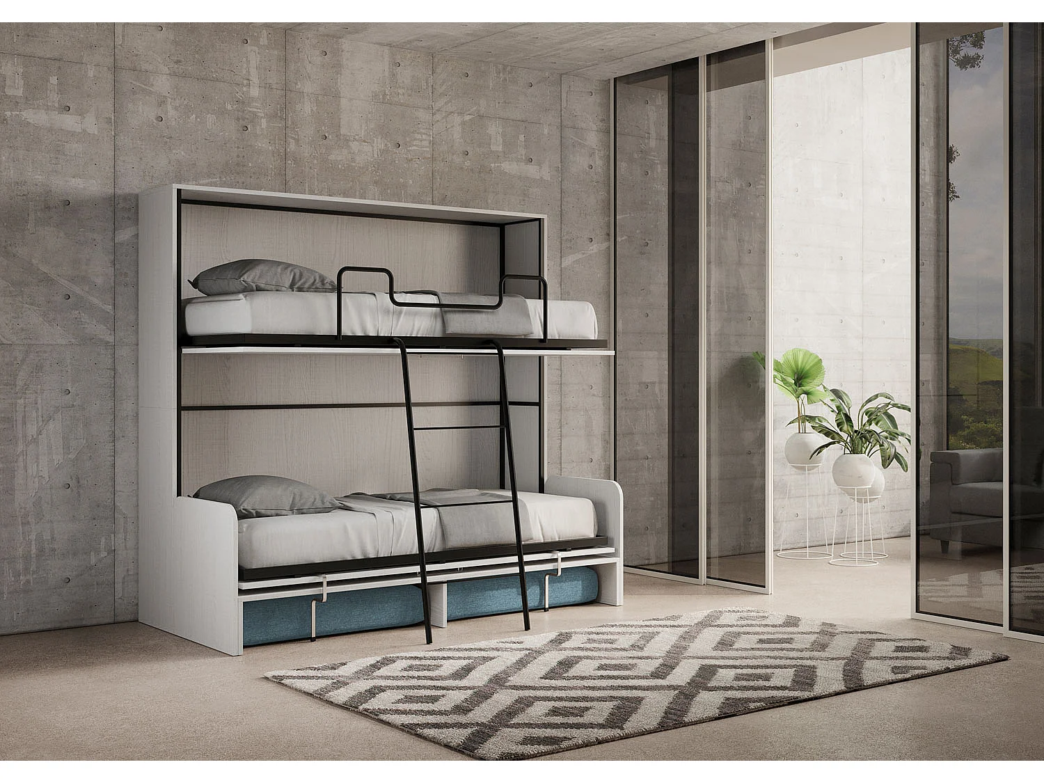 Letto doppio a scomparsa Kando con divano bianco frassino, azzurro