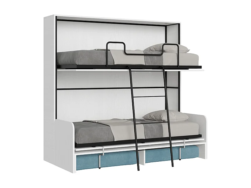 Letto doppio a scomparsa Kando con divano bianco frassino, azzurro