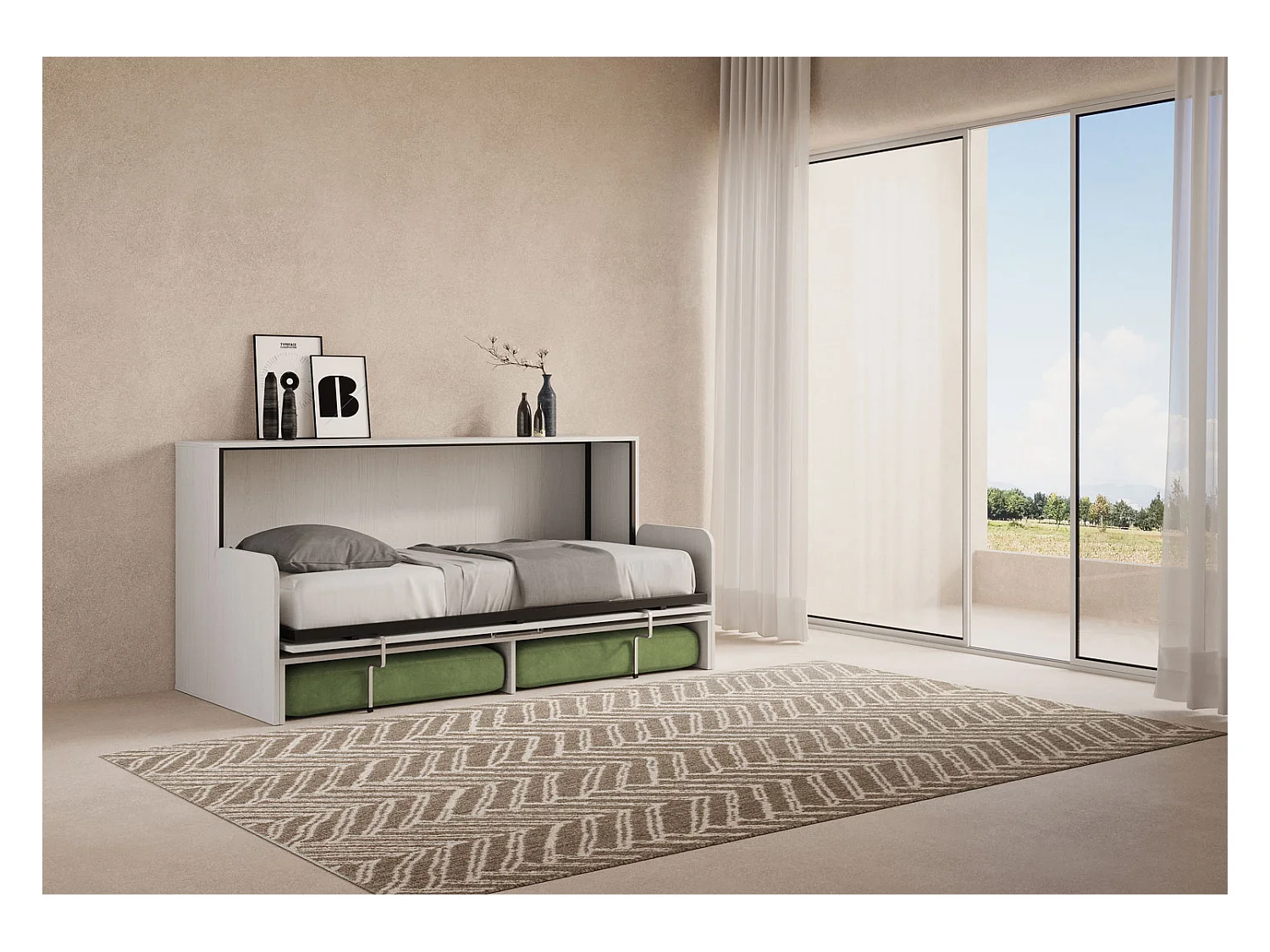 Kando Einzel-Schrankbett mit Sofa mit weißer Eschenmatratze, grün