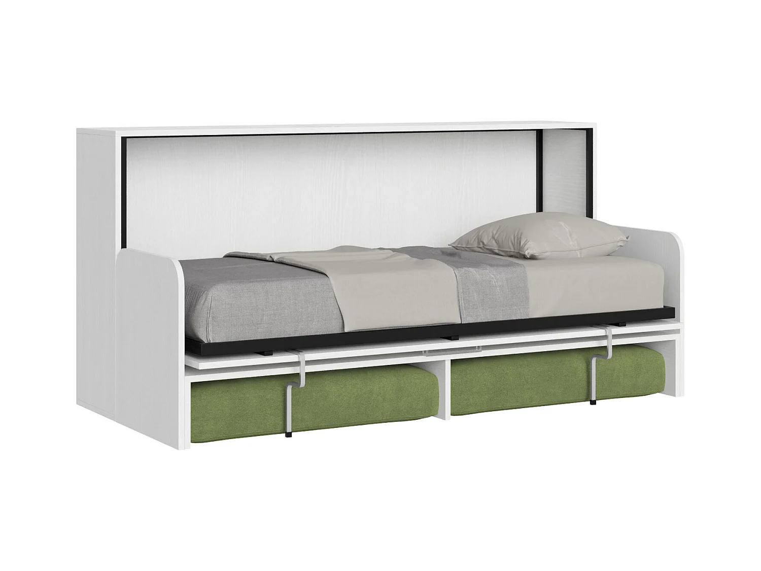 Kando Einzel-Schrankbett mit Sofa mit weißer Eschenmatratze, grün