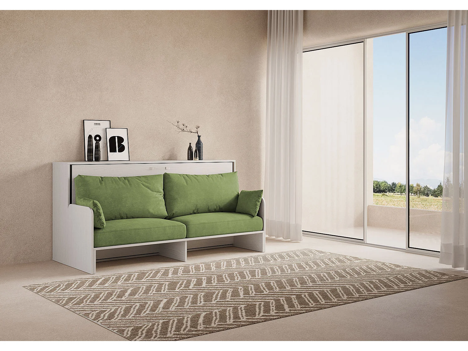 Letto singolo a scomparsa Kando con divano con materasso bianco frassino, verde