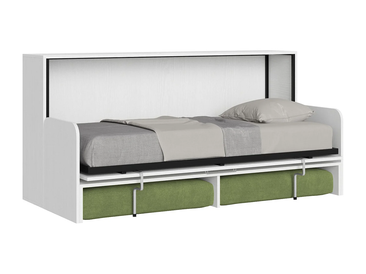 Letto singolo a scomparsa Kando con divano con materasso bianco frassino, verde