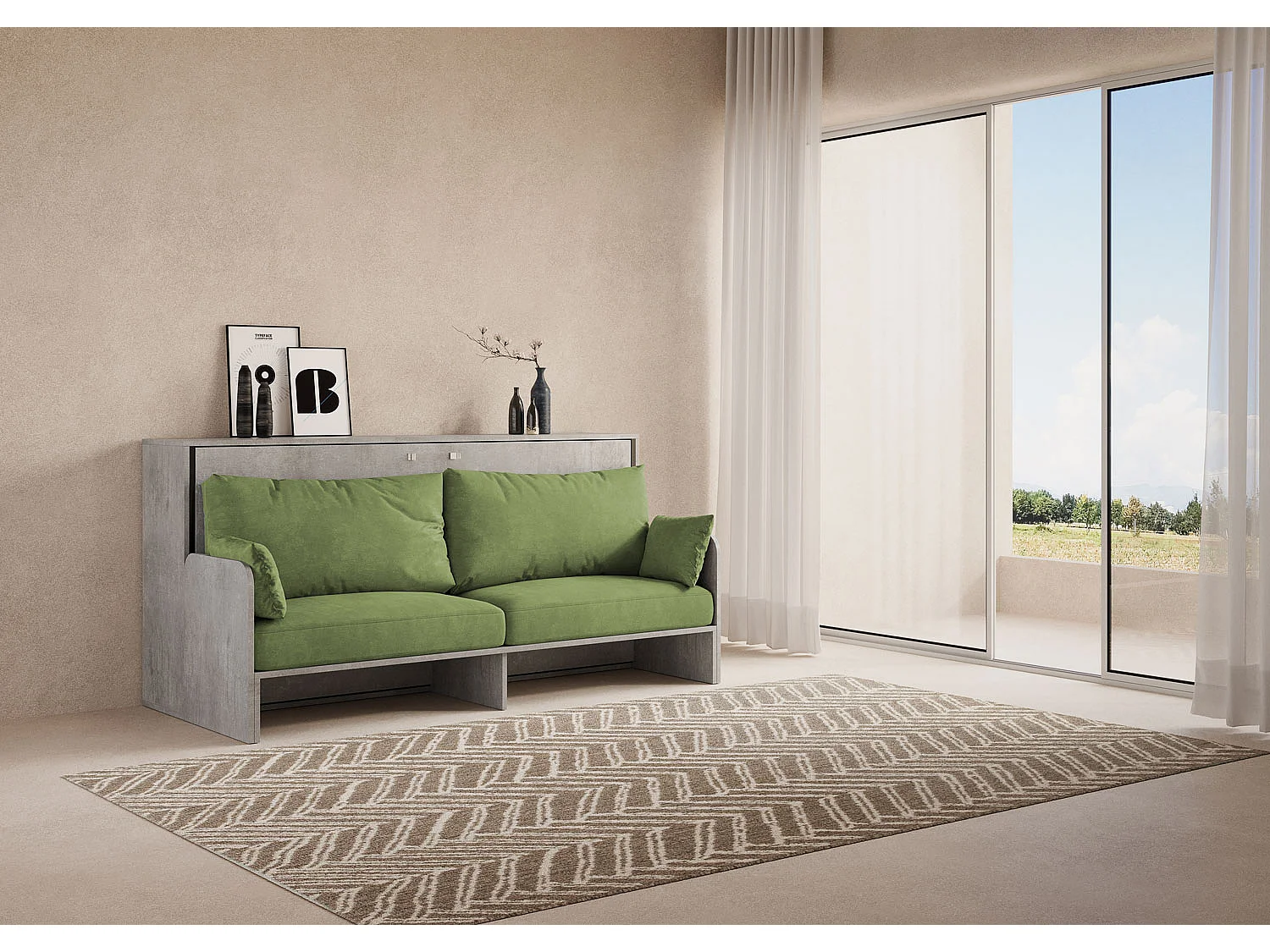 Letto singolo a scomparsa Kando con divano con materasso cemento, verde